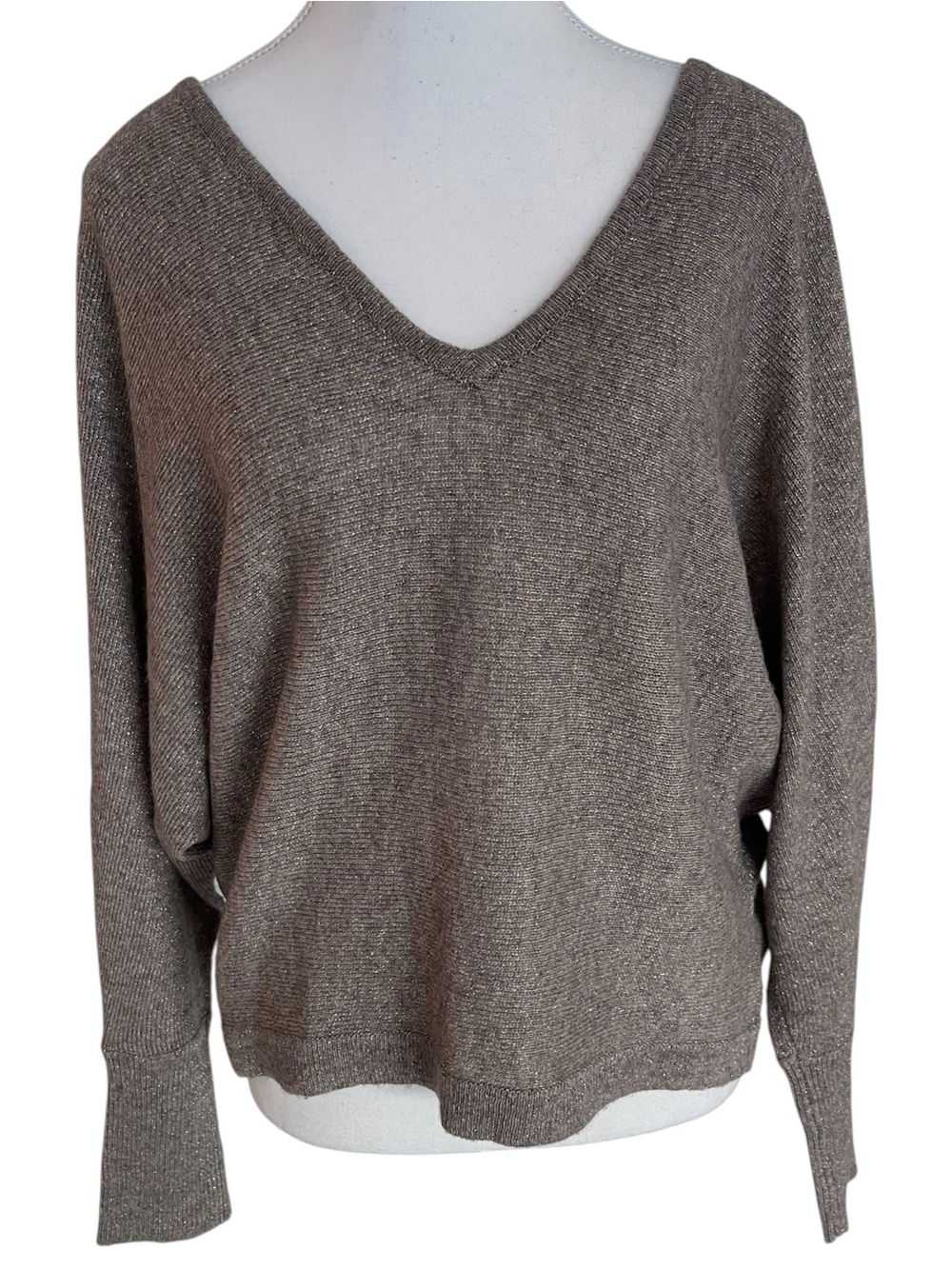 Bcbg Maxazria Metallic Taupe V-Neck Wool & Cashmere Sweater Size Medium